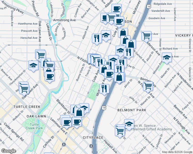 map of restaurants, bars, coffee shops, grocery stores, and more near 4111 Cole Avenue in Dallas