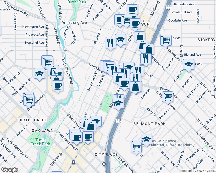 map of restaurants, bars, coffee shops, grocery stores, and more near 4111 Cole Avenue in Dallas