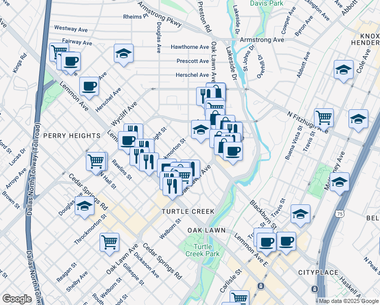 map of restaurants, bars, coffee shops, grocery stores, and more near 3905 Gilbert Avenue in Dallas