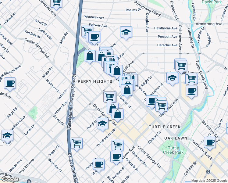 map of restaurants, bars, coffee shops, grocery stores, and more near 4222 Rawlins Street in Dallas