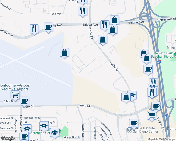 map of restaurants, bars, coffee shops, grocery stores, and more near 9210 Sky Park Ct in San Diego