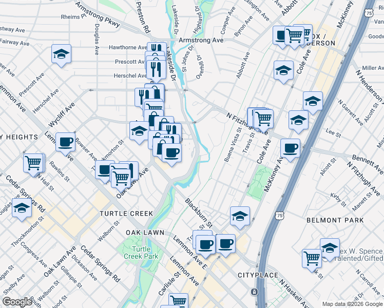 map of restaurants, bars, coffee shops, grocery stores, and more near 3883 Turtle Creek Boulevard in Dallas