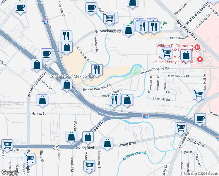 map of restaurants, bars, coffee shops, grocery stores, and more near 1310 Record Crossing Road in Dallas