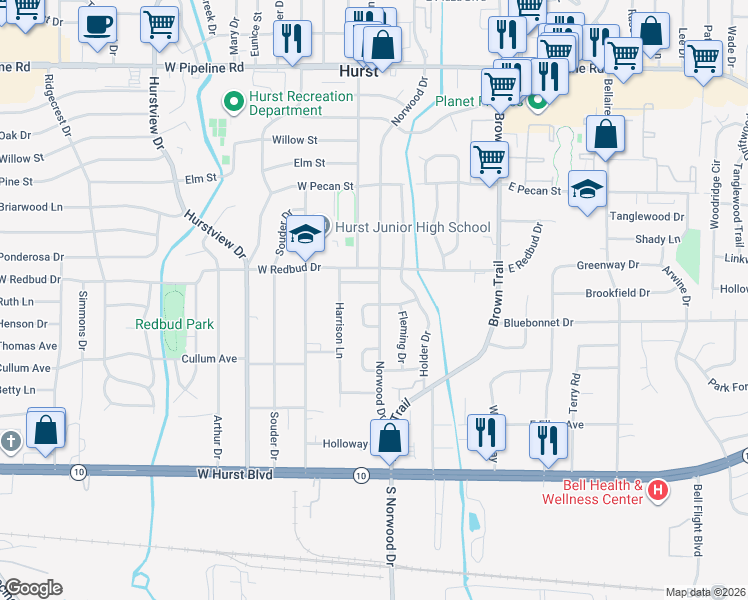 map of restaurants, bars, coffee shops, grocery stores, and more near 427 Norwood Drive in Hurst