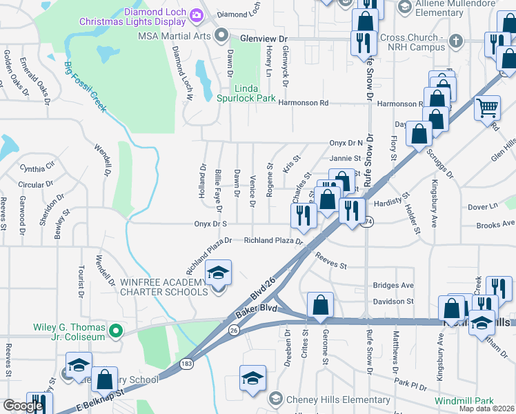 map of restaurants, bars, coffee shops, grocery stores, and more near 3635 Rogene Street in North Richland Hills