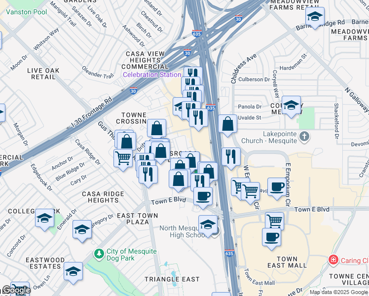 map of restaurants, bars, coffee shops, grocery stores, and more near 3701 Towne Crossing Boulevard in Mesquite