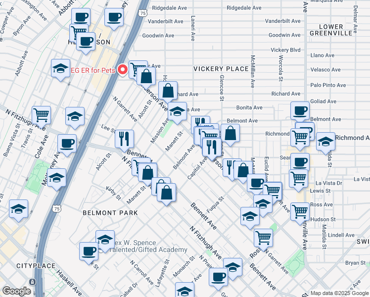 map of restaurants, bars, coffee shops, grocery stores, and more near 5211 Belmont Avenue in Dallas