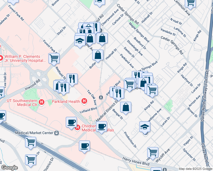 map of restaurants, bars, coffee shops, grocery stores, and more near 5151 Maple Avenue in Dallas