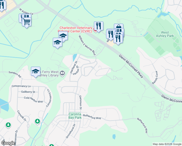 map of restaurants, bars, coffee shops, grocery stores, and more near 4070 Babbit Street in Charleston