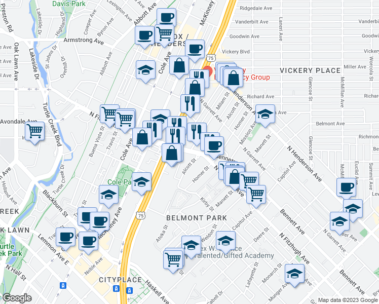 map of restaurants, bars, coffee shops, grocery stores, and more near 2817 North Fitzhugh Avenue in Dallas