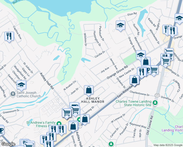 map of restaurants, bars, coffee shops, grocery stores, and more near 1764 Orange Grove Shores Drive in Charleston