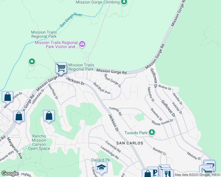 map of restaurants, bars, coffee shops, grocery stores, and more near 6638 Bell Bluff Avenue in San Diego