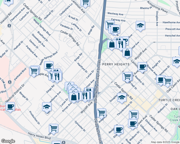 map of restaurants, bars, coffee shops, grocery stores, and more near 2909 Lucas Drive in Dallas