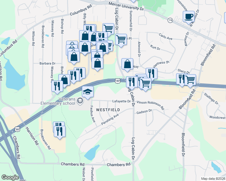 map of restaurants, bars, coffee shops, grocery stores, and more near 4701 Log Cabin Drive in Macon