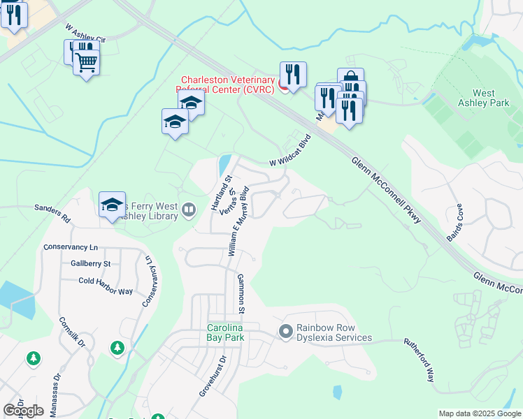 map of restaurants, bars, coffee shops, grocery stores, and more near 4070 Babbit Street in Charleston
