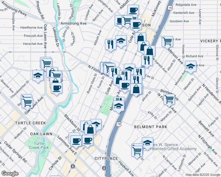 map of restaurants, bars, coffee shops, grocery stores, and more near 4111 Cole Avenue in Dallas