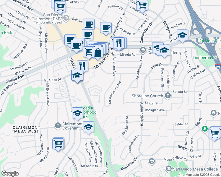 map of restaurants, bars, coffee shops, grocery stores, and more near 3895 Mount Abraham Avenue in San Diego