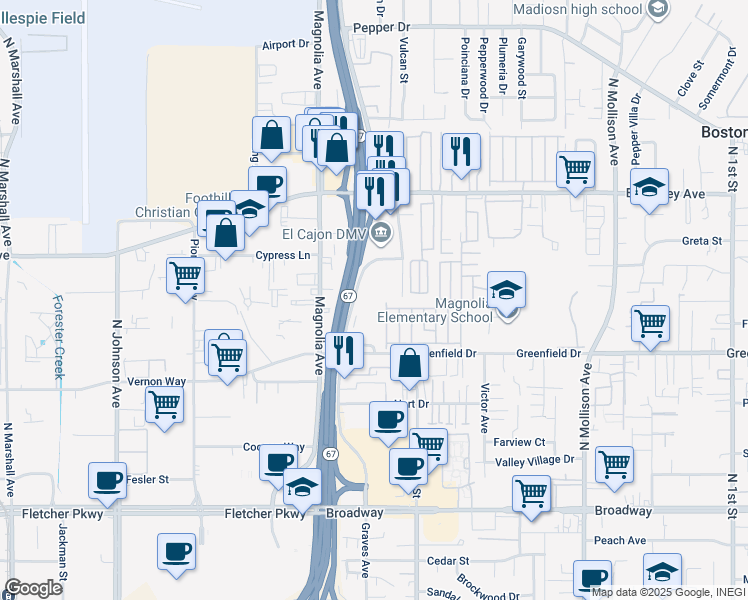 map of restaurants, bars, coffee shops, grocery stores, and more near 1423 Graves Avenue in El Cajon