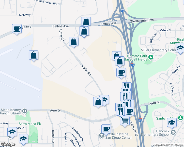 map of restaurants, bars, coffee shops, grocery stores, and more near 3989 Ruffin Road in San Diego