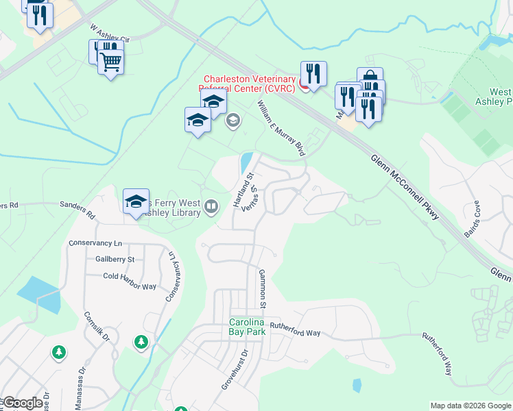 map of restaurants, bars, coffee shops, grocery stores, and more near 4138 Veritas Street in Charleston
