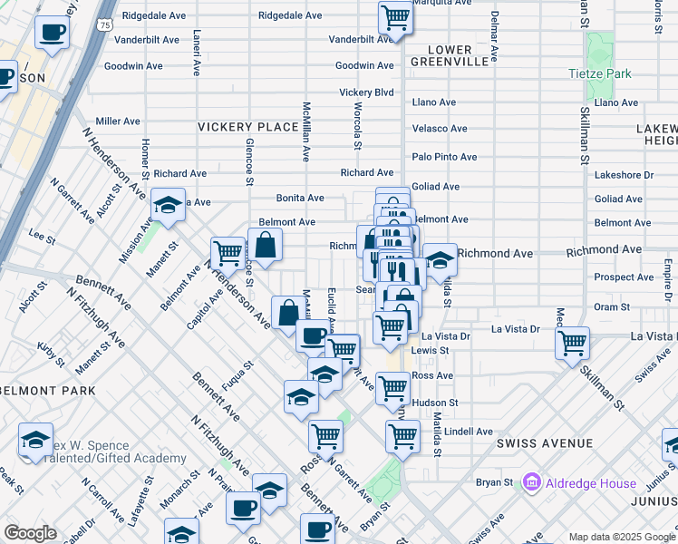 map of restaurants, bars, coffee shops, grocery stores, and more near 2018 Euclid Avenue in Dallas