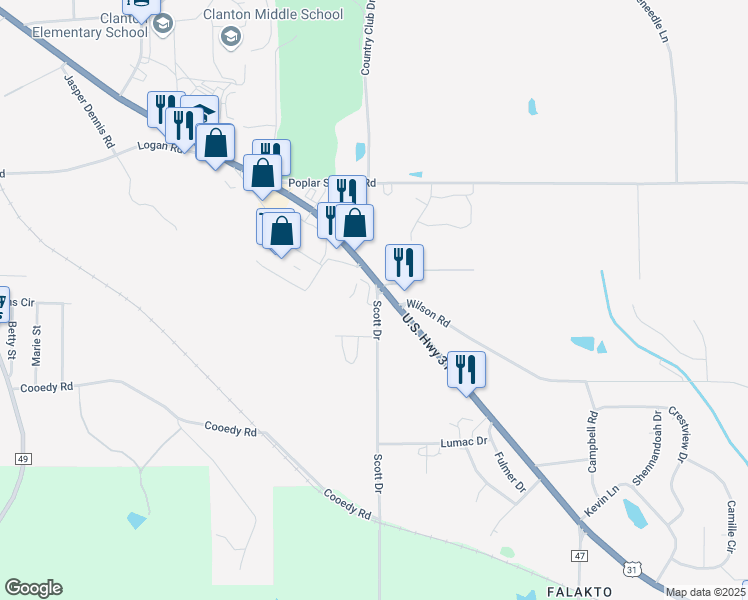 map of restaurants, bars, coffee shops, grocery stores, and more near in Clanton