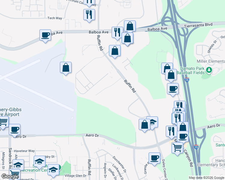 map of restaurants, bars, coffee shops, grocery stores, and more near 9275 Sky Park Court in San Diego