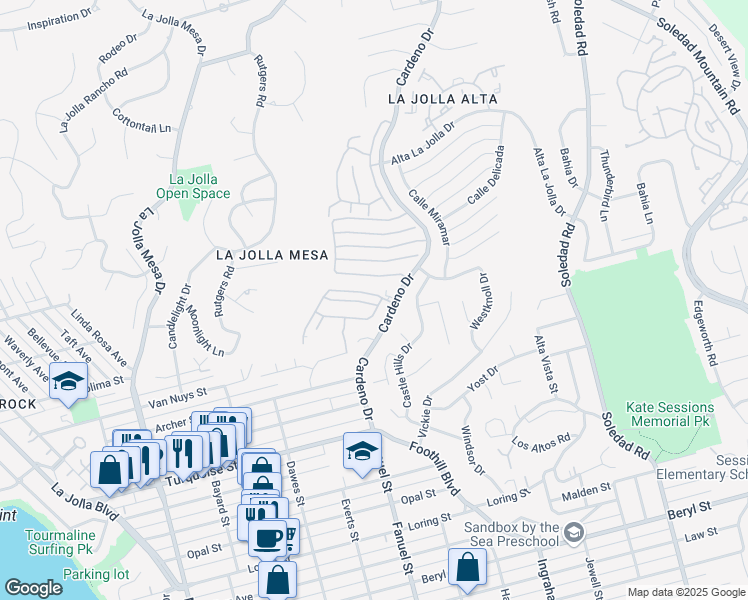 map of restaurants, bars, coffee shops, grocery stores, and more near 1371 Caminito Balada in San Diego