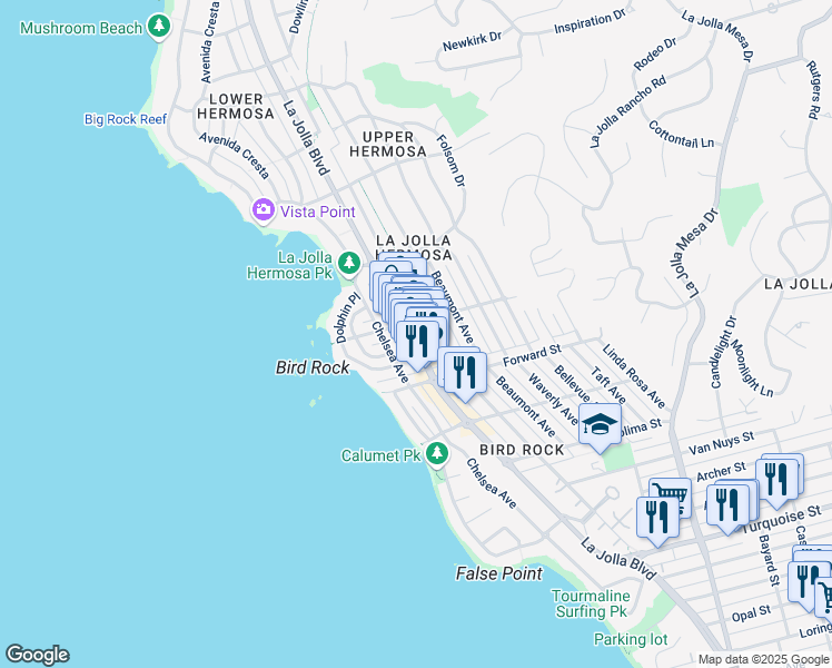 map of restaurants, bars, coffee shops, grocery stores, and more near in San Diego