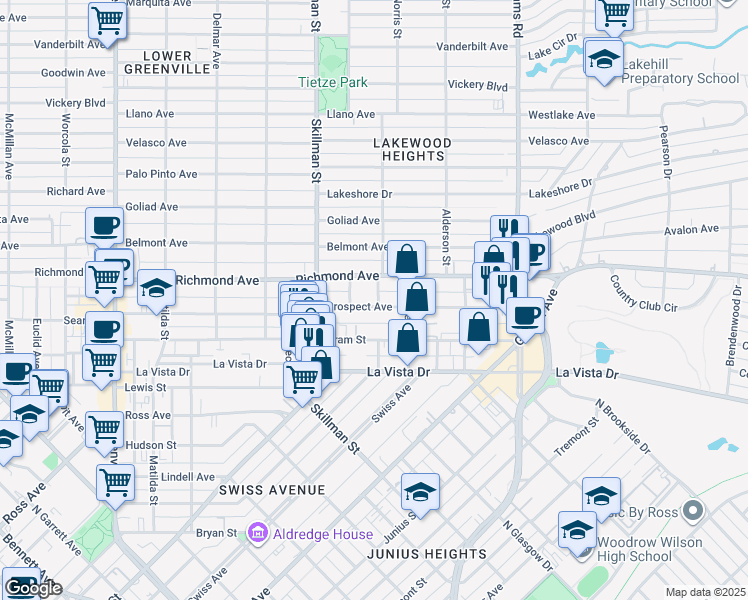 map of restaurants, bars, coffee shops, grocery stores, and more near 6161 Prospect Avenue in Dallas