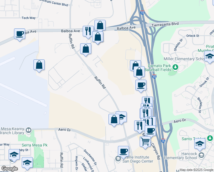 map of restaurants, bars, coffee shops, grocery stores, and more near 3989 Ruffin Rd in San Diego