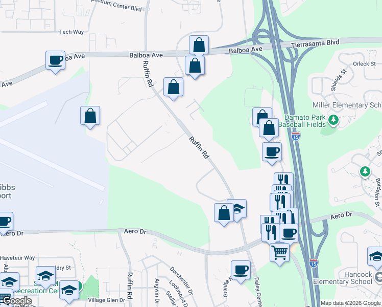 map of restaurants, bars, coffee shops, grocery stores, and more near 4033 Ruffin Road in San Diego
