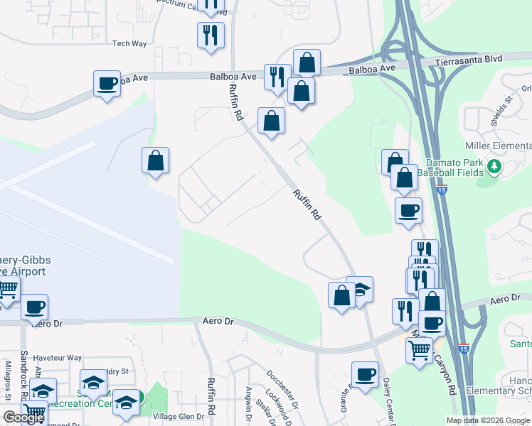 map of restaurants, bars, coffee shops, grocery stores, and more near 9275 Sky Park Court in San Diego