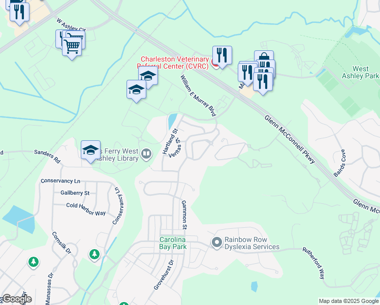 map of restaurants, bars, coffee shops, grocery stores, and more near 4153 Perrine Street in Charleston