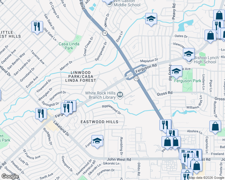 map of restaurants, bars, coffee shops, grocery stores, and more near 9220 Ferguson Road in Dallas