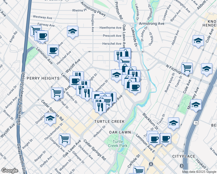 map of restaurants, bars, coffee shops, grocery stores, and more near 3905 Gilbert Avenue in Dallas