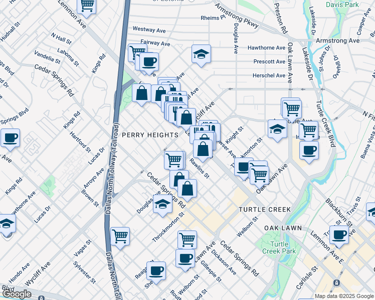 map of restaurants, bars, coffee shops, grocery stores, and more near 4222 Rawlins Street in Dallas