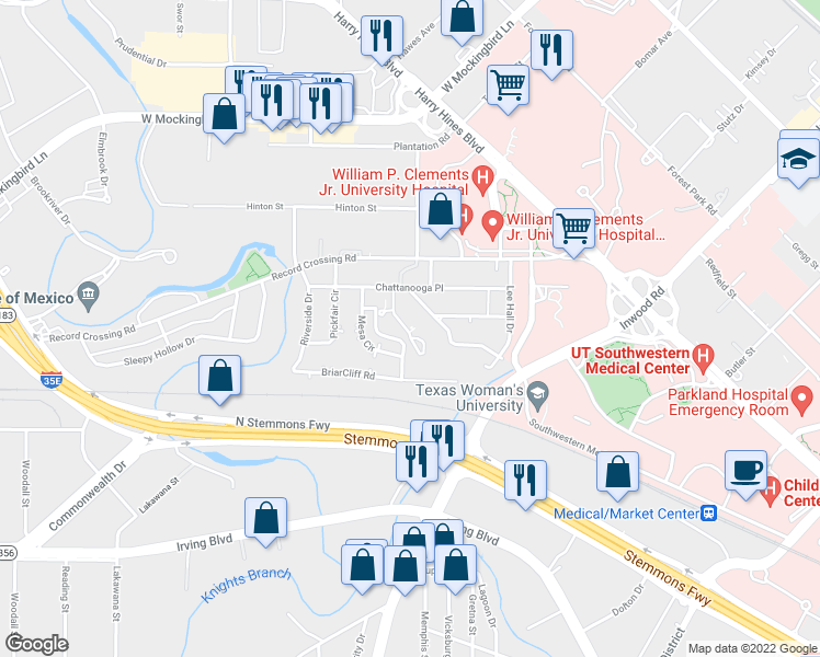 map of restaurants, bars, coffee shops, grocery stores, and more near 5606 Wayside Drive in Dallas