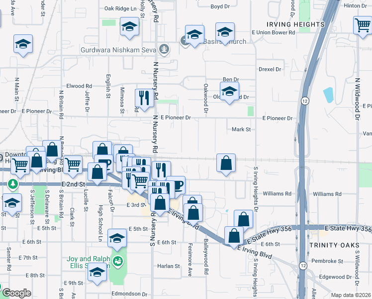 map of restaurants, bars, coffee shops, grocery stores, and more near 210 Maltby Road in Irving