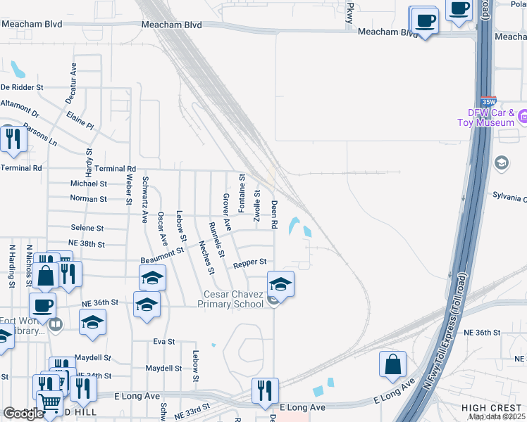 map of restaurants, bars, coffee shops, grocery stores, and more near 4017 Deen Road in Fort Worth