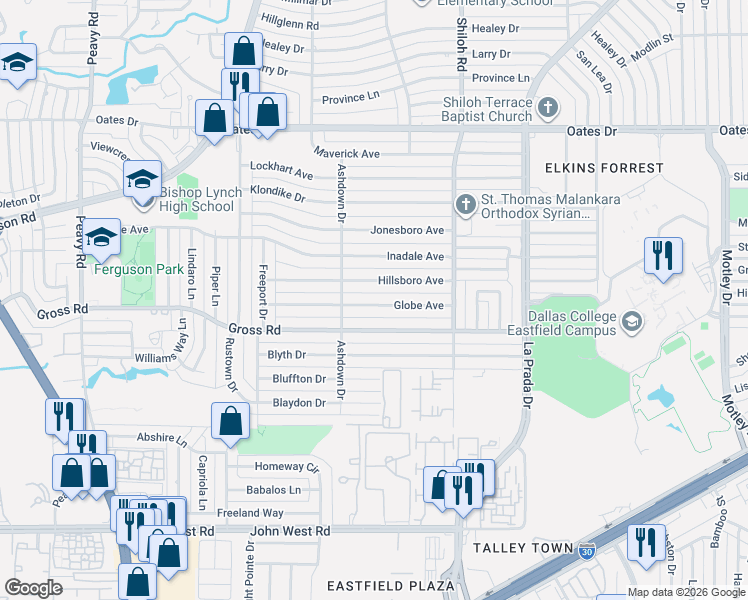 map of restaurants, bars, coffee shops, grocery stores, and more near 2535 Globe Avenue in Dallas