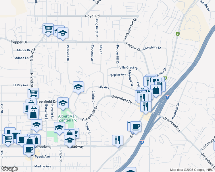 map of restaurants, bars, coffee shops, grocery stores, and more near 1508 Via Elisa Drive in El Cajon