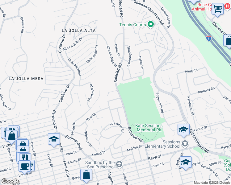 map of restaurants, bars, coffee shops, grocery stores, and more near 1765 Soledad Way in San Diego