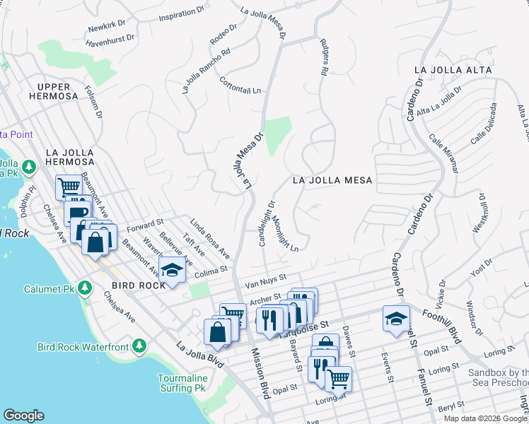 map of restaurants, bars, coffee shops, grocery stores, and more near 5530 Candlelight Drive in San Diego