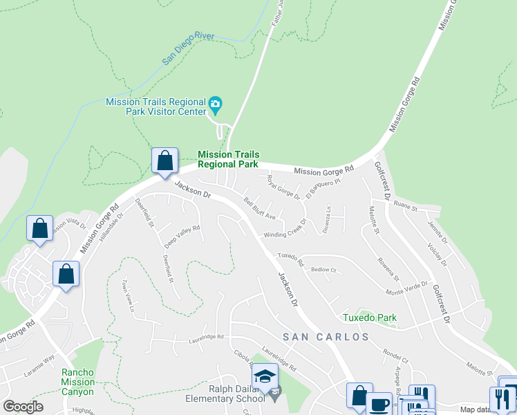 map of restaurants, bars, coffee shops, grocery stores, and more near 6634 Bell Bluff Avenue in San Diego