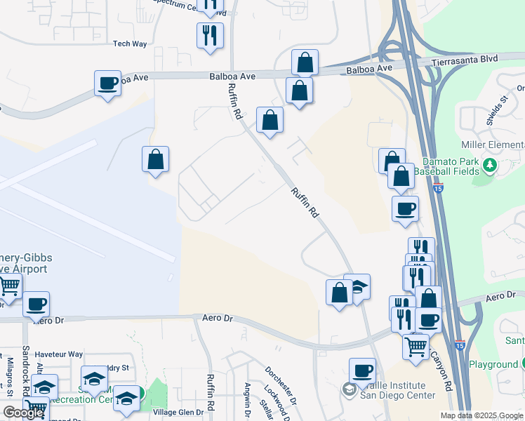 map of restaurants, bars, coffee shops, grocery stores, and more near 9275 Sky Park Court in San Diego