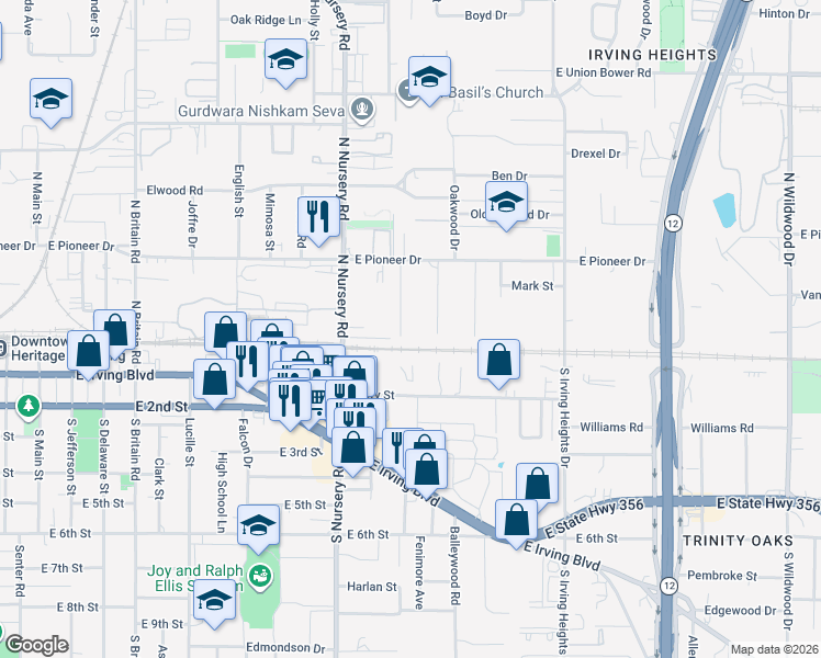 map of restaurants, bars, coffee shops, grocery stores, and more near 210 Maltby Road in Irving
