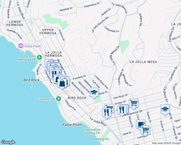 map of restaurants, bars, coffee shops, grocery stores, and more near 838 Forward Street in San Diego