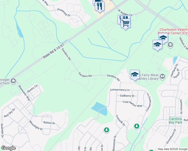 map of restaurants, bars, coffee shops, grocery stores, and more near 3183 Sanders Road in Charleston