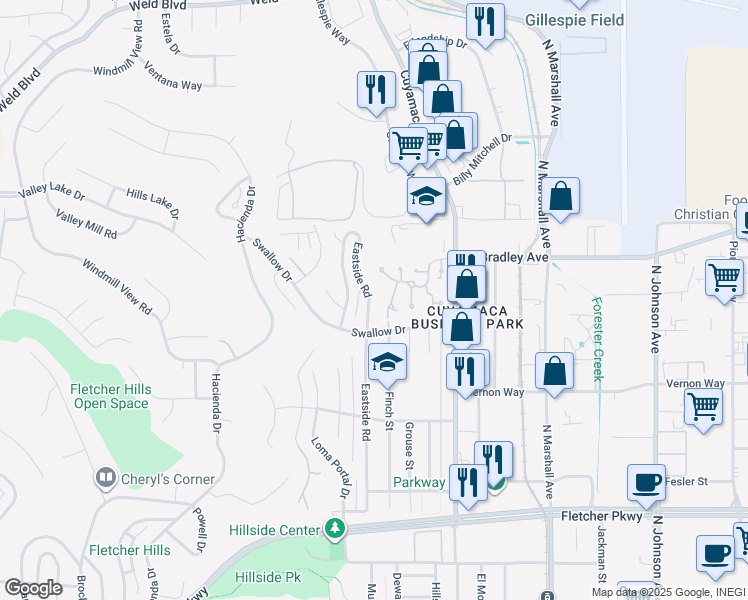 map of restaurants, bars, coffee shops, grocery stores, and more near 1449 Eastside Road in El Cajon